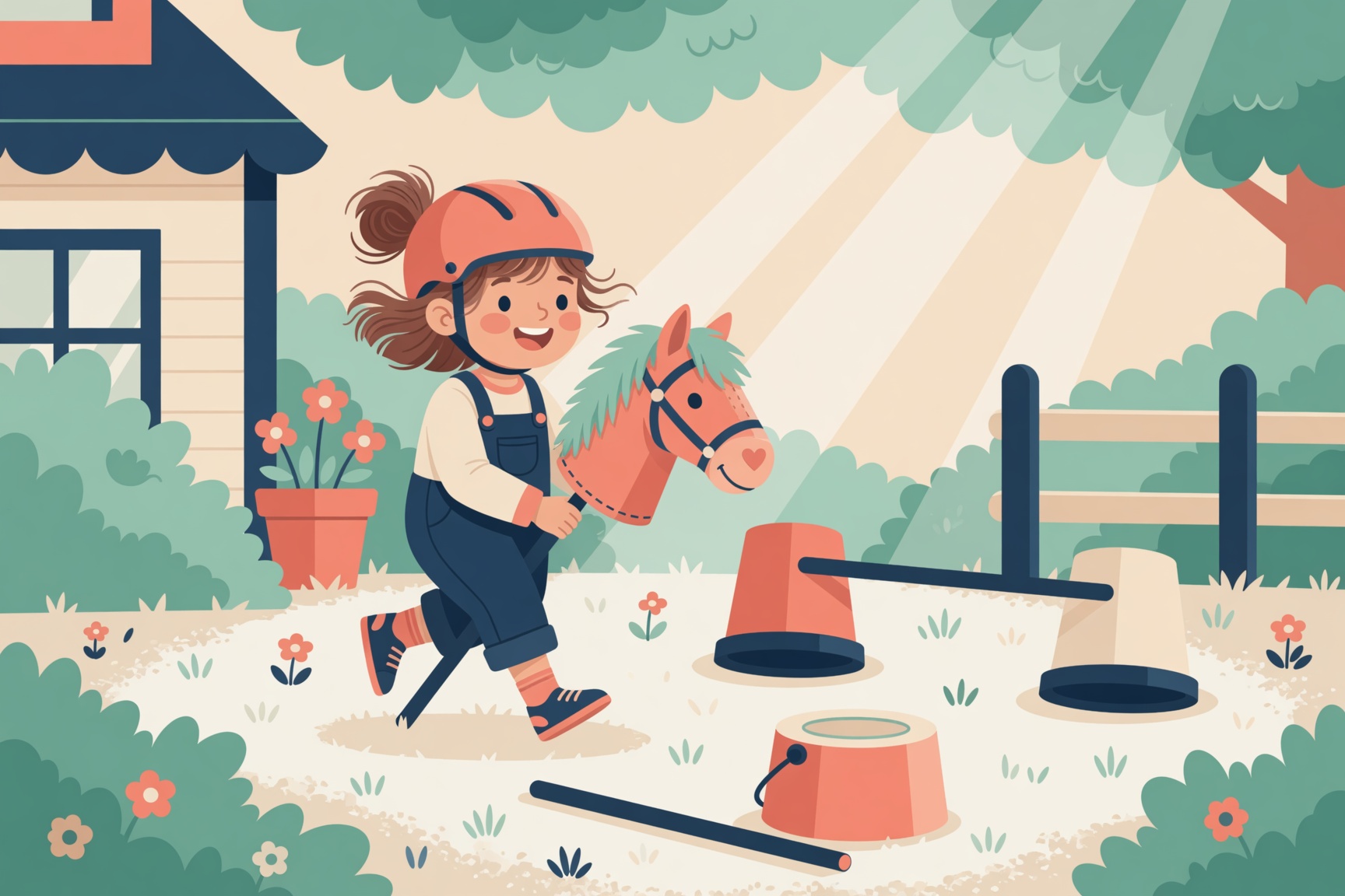 Kind übt Hobby Horsing zuhause im Garten mit selbstgebautem Hindernis